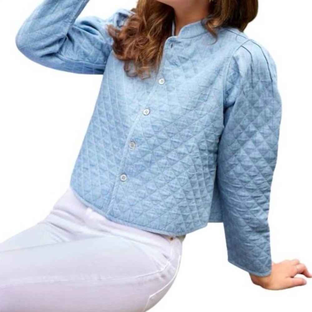 Sail to Sable Light Chambray denim puff sleeve quilted mandarin collar Jacket xs